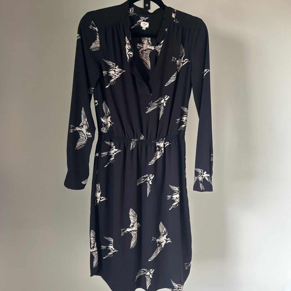 Aritzia Wilfred Black Dress with Sparrow Print